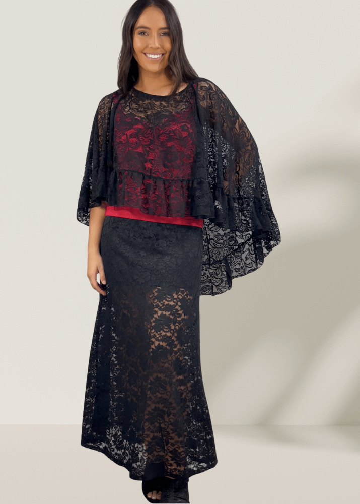 Made in USA Women's Yellowstone Lace Maxi Skirt in Black with Elastic Waist, Mini Length Liner | If She Loves Style ISK1385