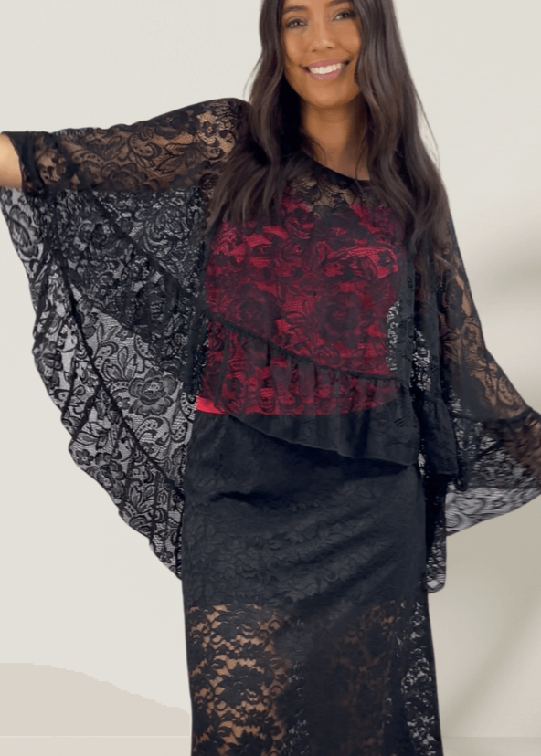 Made in USA Women's Yellowstone Lace Maxi Skirt in Black with Elastic Waist, Mini Length Liner | If She Loves Style ISK1385