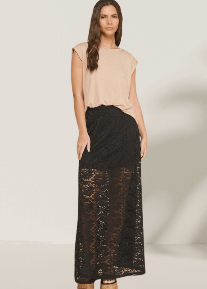 Made in USA Women's Yellowstone Lace Maxi Skirt in Black with Elastic Waist, Mini Length Liner | If She Loves Style ISK1385