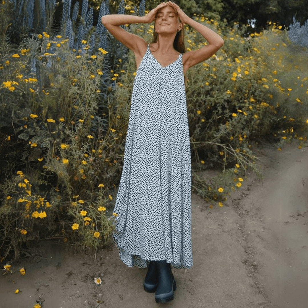 Made in USA Women's Jersey Stretch Double V-Neck 2-Tone Printed Summer Maxi Dress in White/Black | Classy Cozy Cool Made in America Boutique