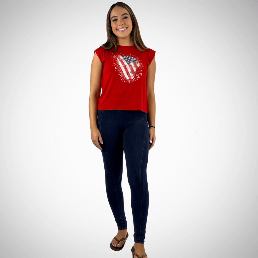 USA Made Women's Super Soft Muscle Tee in Red with Distressed American Flag | Classy Cozy Cool Made in America Clothing Boutique