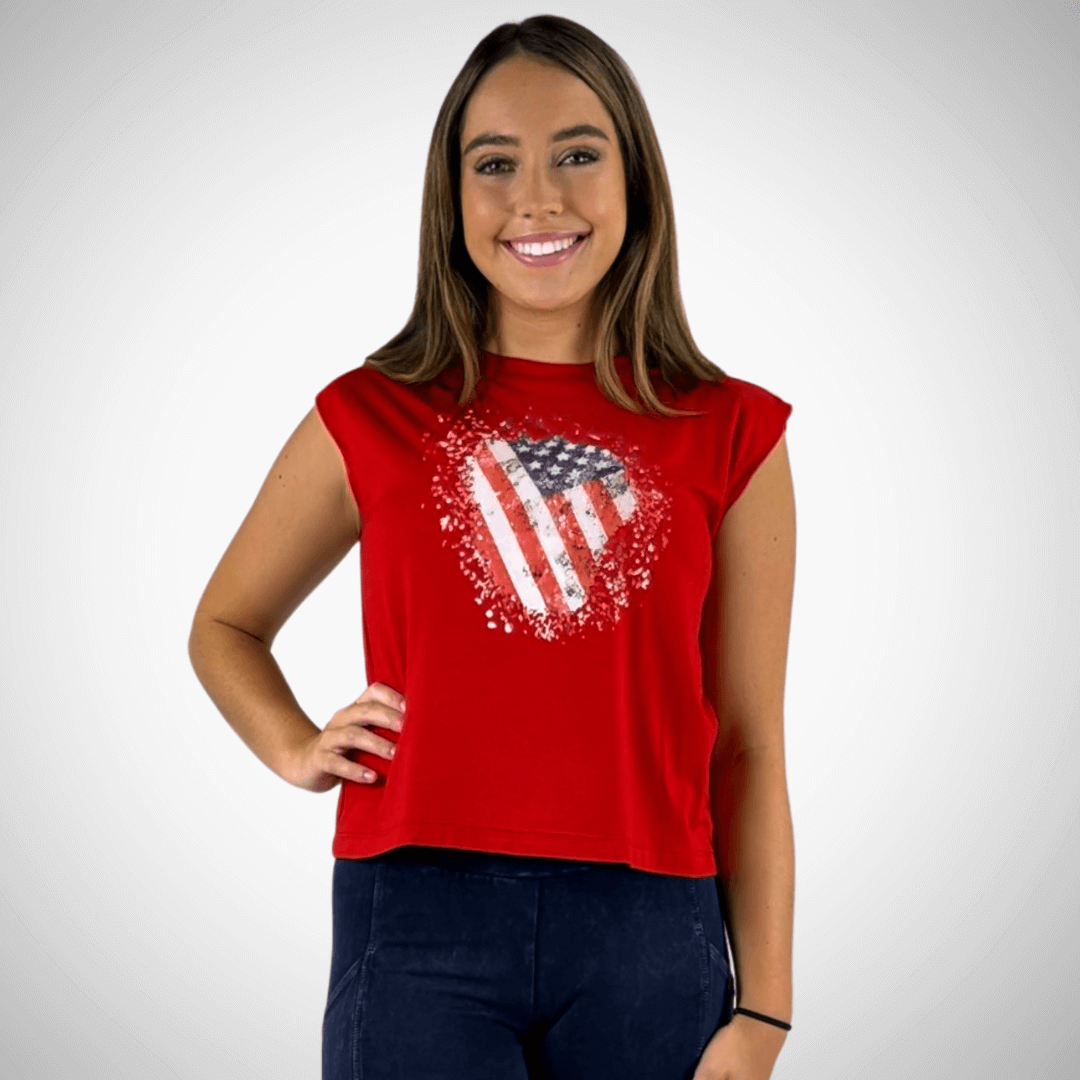 USA Made Women's Super Soft Muscle Tee in Red with Distressed American Flag | Classy Cozy Cool Made in America Clothing Boutique