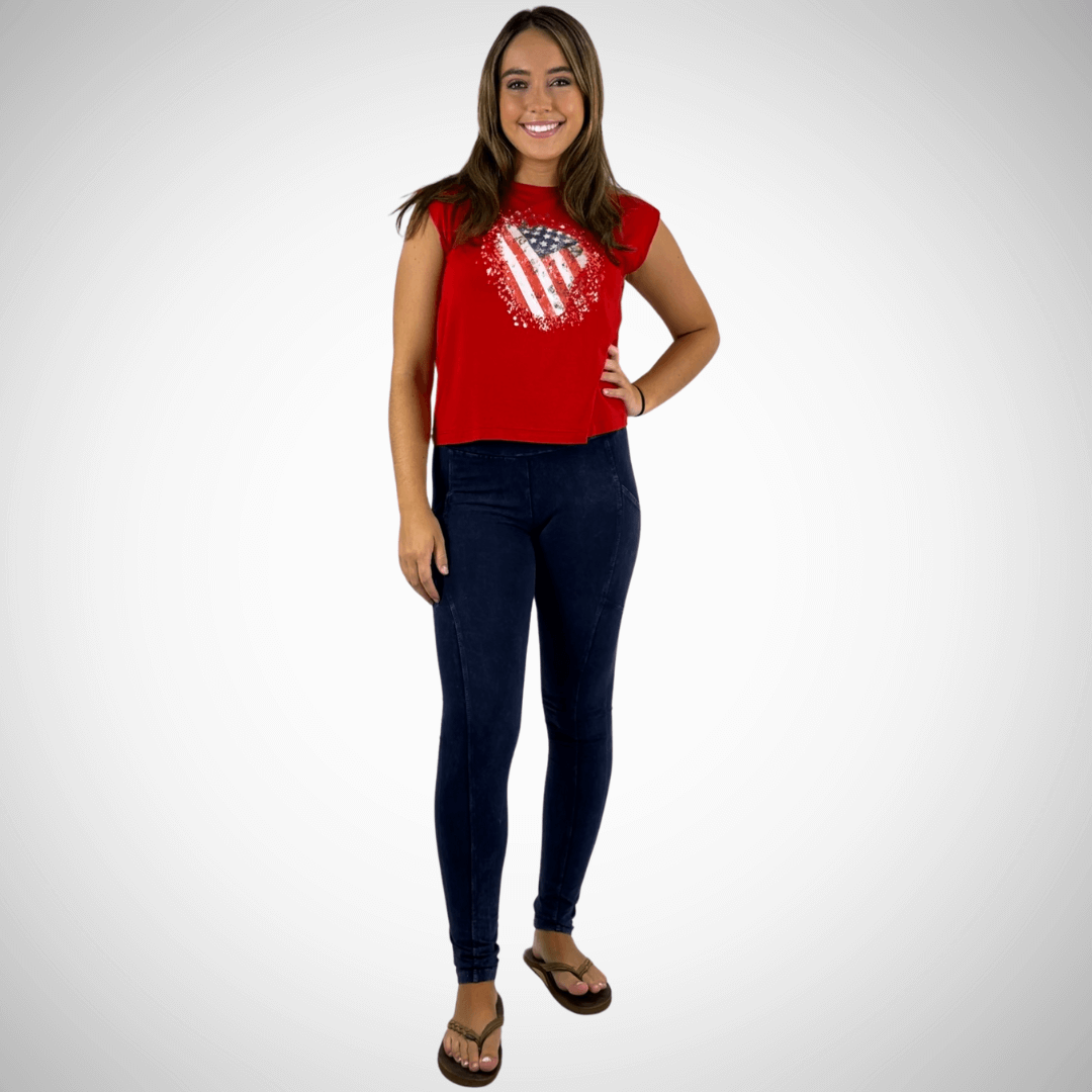 USA Made Women's Super Soft Muscle Tee in Red with Distressed American Flag | Classy Cozy Cool Made in America Clothing Boutique