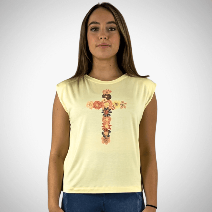 USA Made Women's Super Soft Muscle Tee in Pale Yellow with Floral Cross Graphic | Classy Cozy Cool Made in America Clothing Boutique