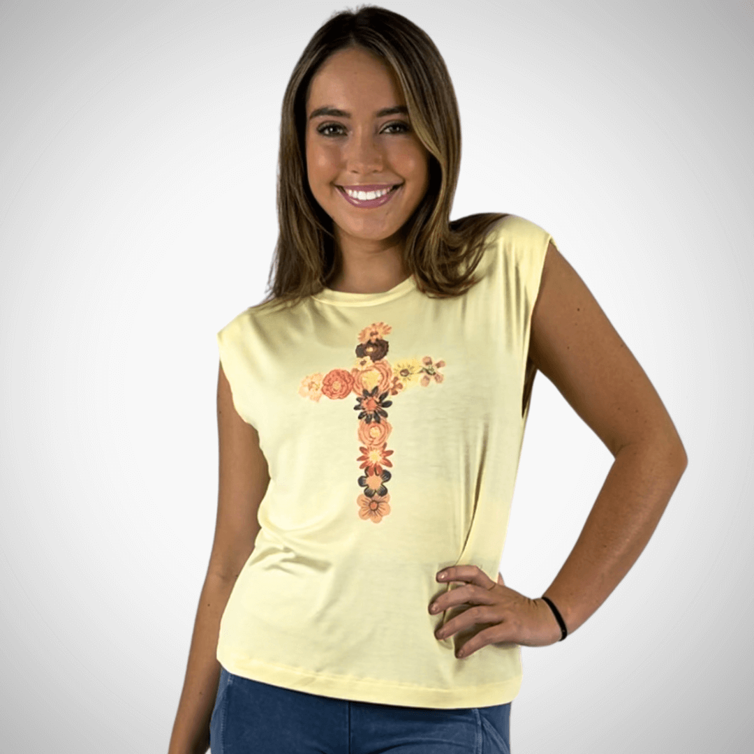 USA Made Women's Super Soft Muscle Tee in Pale Yellow with Floral Cross Graphic | Classy Cozy Cool Made in America Clothing Boutique