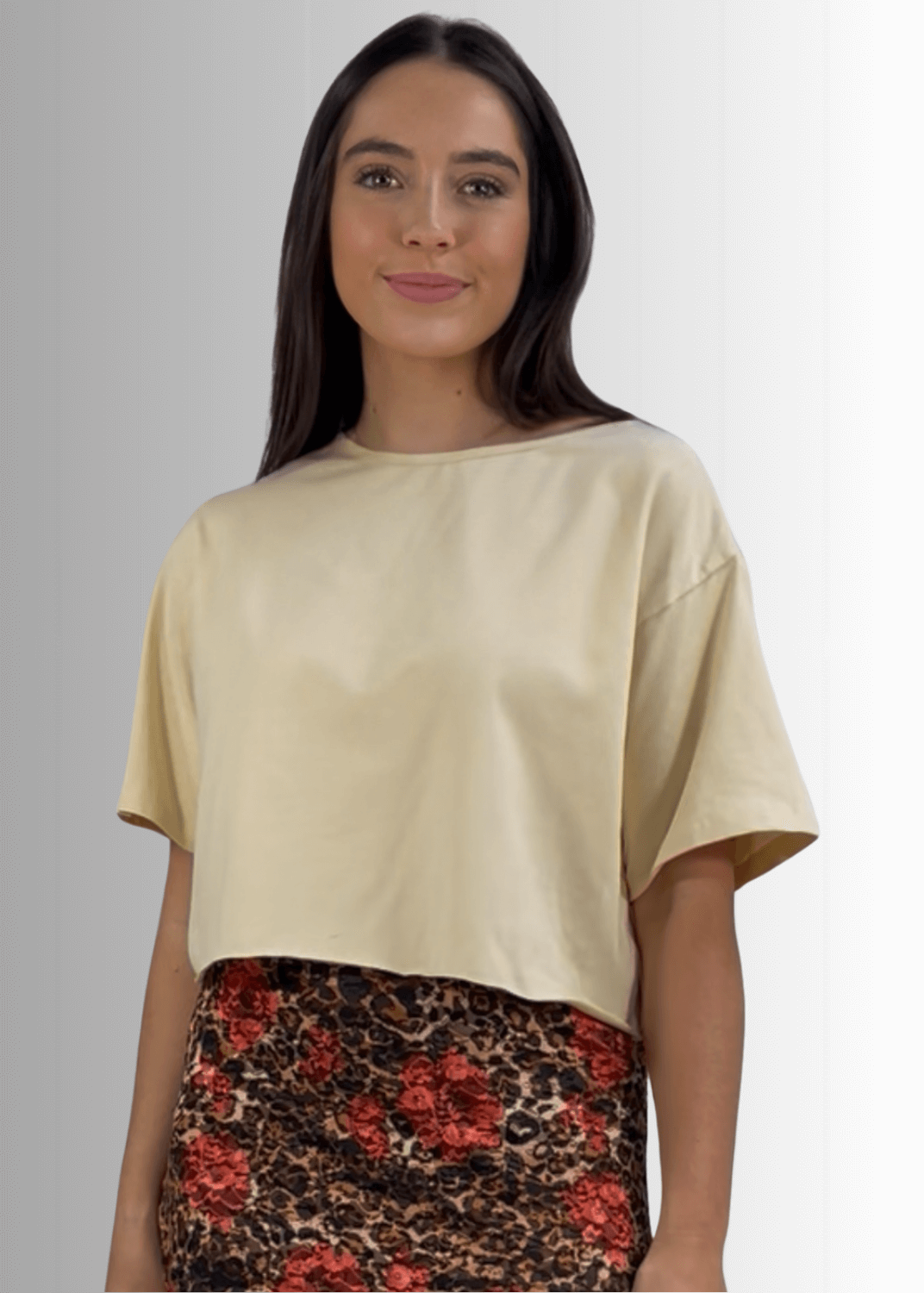 Made in USA Women's Short Sleeve Loose Fit Light Beige Cropped Cotton T-shirt with Raw Edge Detail 