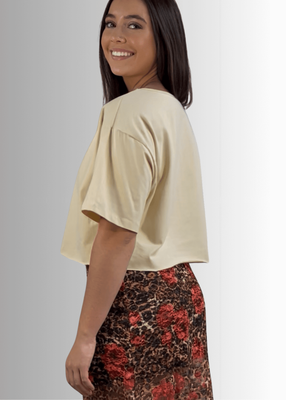 Made in USA Women's Short Sleeve Loose Fit Light Beige Cropped Cotton T-shirt with Raw Edge Detail 