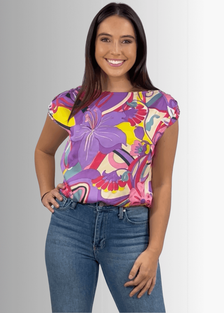 Made in USA Women's Satin Tropical Floral Top, Elastic on the Sleeves, Elastic on the waist, 100% Polyester