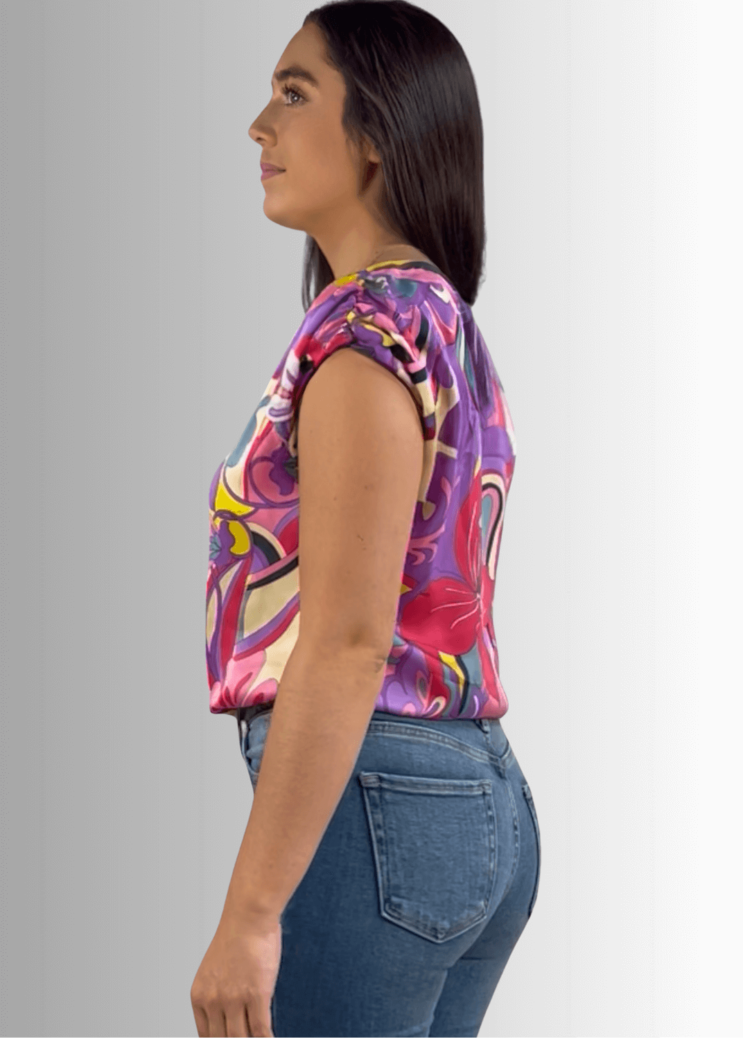 Made in USA Women's Satin Tropical Floral Top, Elastic on the Sleeves, Elastic on the waist, 100% Polyester