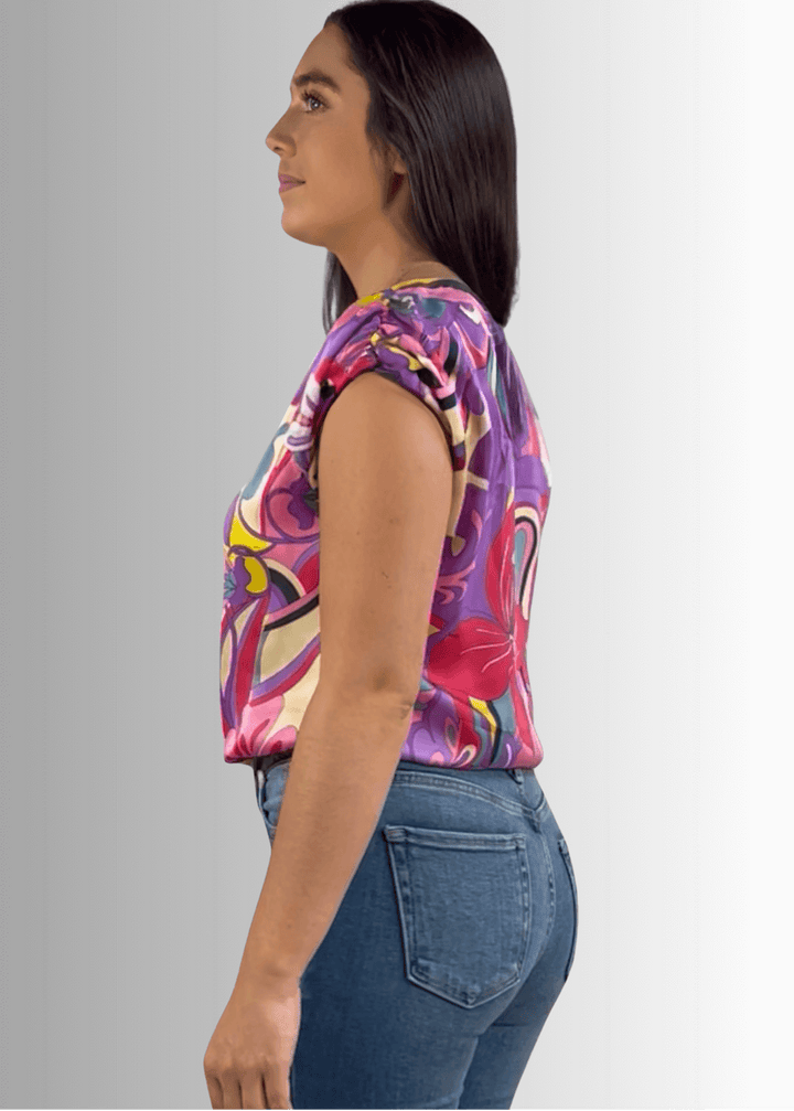 Made in USA Women's Satin Tropical Floral Top, Elastic on the Sleeves, Elastic on the waist, 100% Polyester