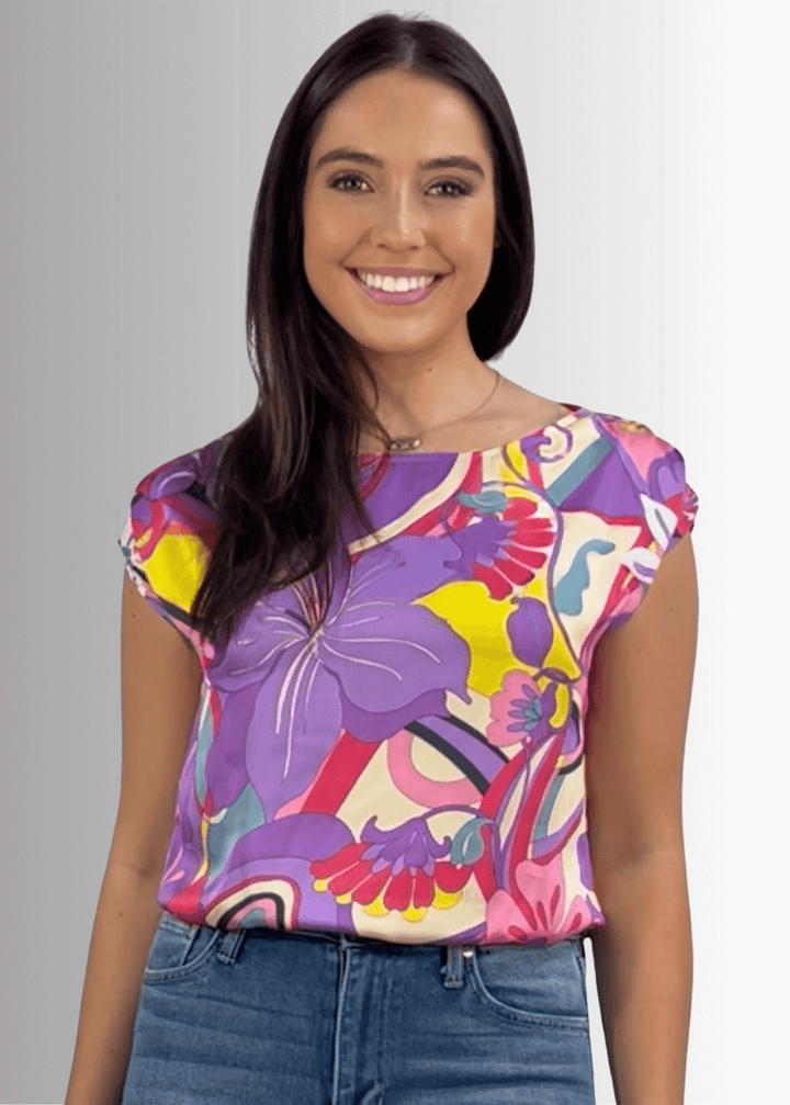 Made in USA Women's Satin Tropical Floral Top, Elastic on the Sleeves, Elastic on the waist, 100% Polyester
