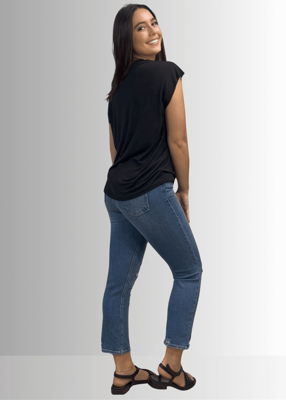 Made in USA Women's Cute Basic Rayon Spandex V-Neck Top with Short Cap Sleeves in Solid Black or Striped Sage, Soft and Stretchy, Style IST1332B 