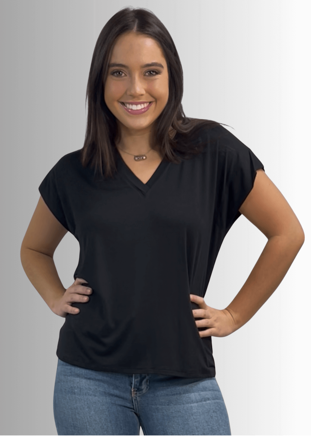 Made in USA Women's Cute Basic Rayon Spandex V-Neck Top with Short Cap Sleeves in Solid Black or Striped Sage, Soft and Stretchy, Style IST1332B 