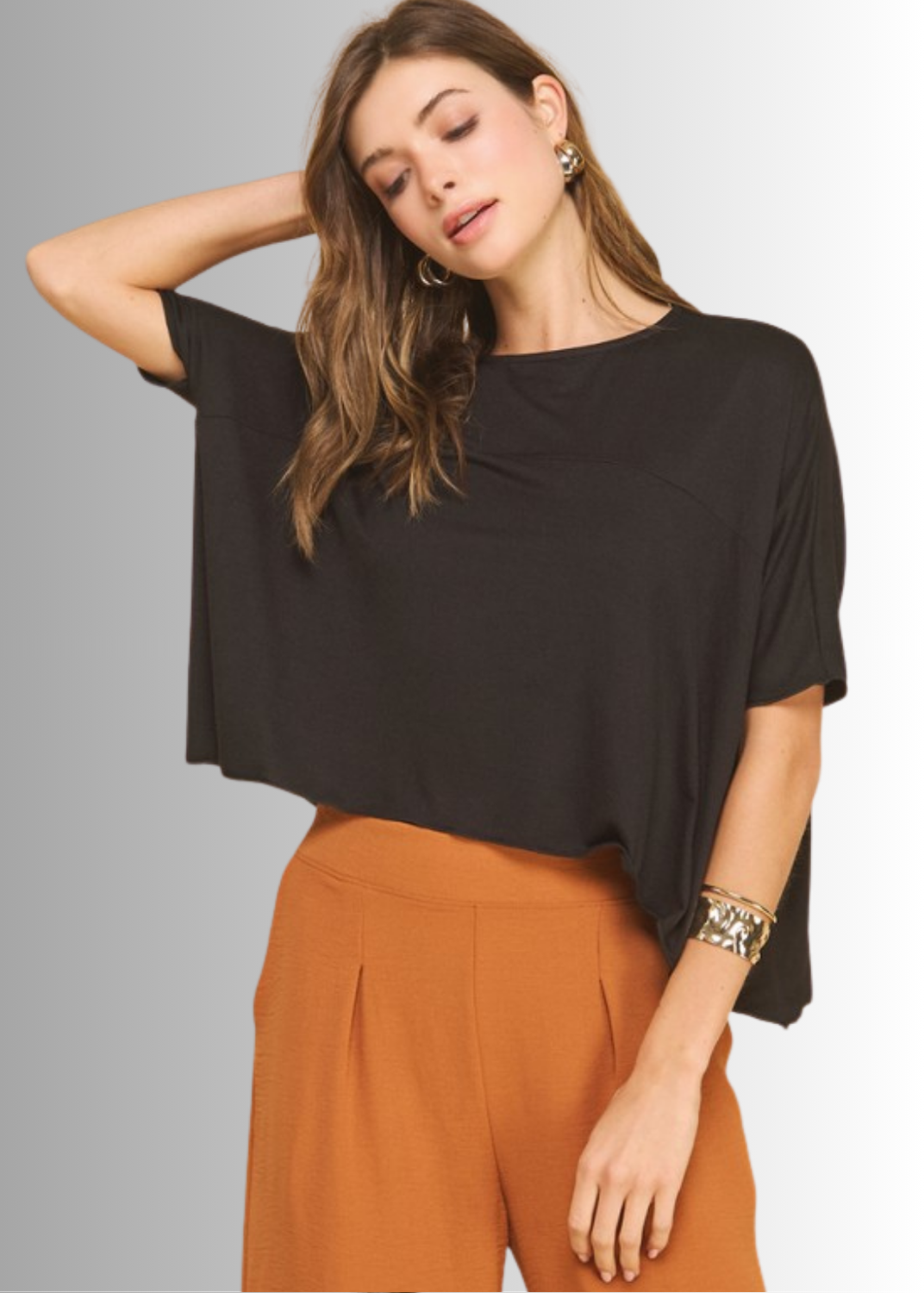Made in USA Women's Sedona Short Sleeve Loose Fit Lightweight Cropped T-shirt, Soft and Stretchy Rayon/Spandex in Black or Off White  | If She Loves Style IST1409