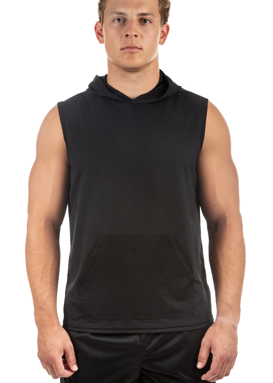Made in USA WSI Sportswear Men's Illusion Mesh Sleeveless Hoodie in Black,  Moisture control 4-way stretch Breathable & Lightweight Built-in UPF 50 Sun Protection
