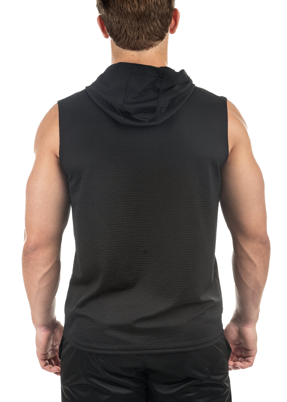 Made in USA WSI Sportswear Men's Illusion Mesh Sleeveless Hoodie in Black,  Moisture control 4-way stretch Breathable & Lightweight Built-in UPF 50 Sun Protection