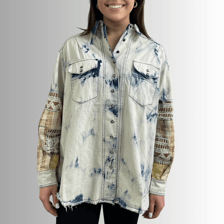 Jaded Gypsy In the Clouds Snap Down Boho Design Denim Shirt Jacket with Patchwork Detail & Front Pockets - Chambray | Made In USA 