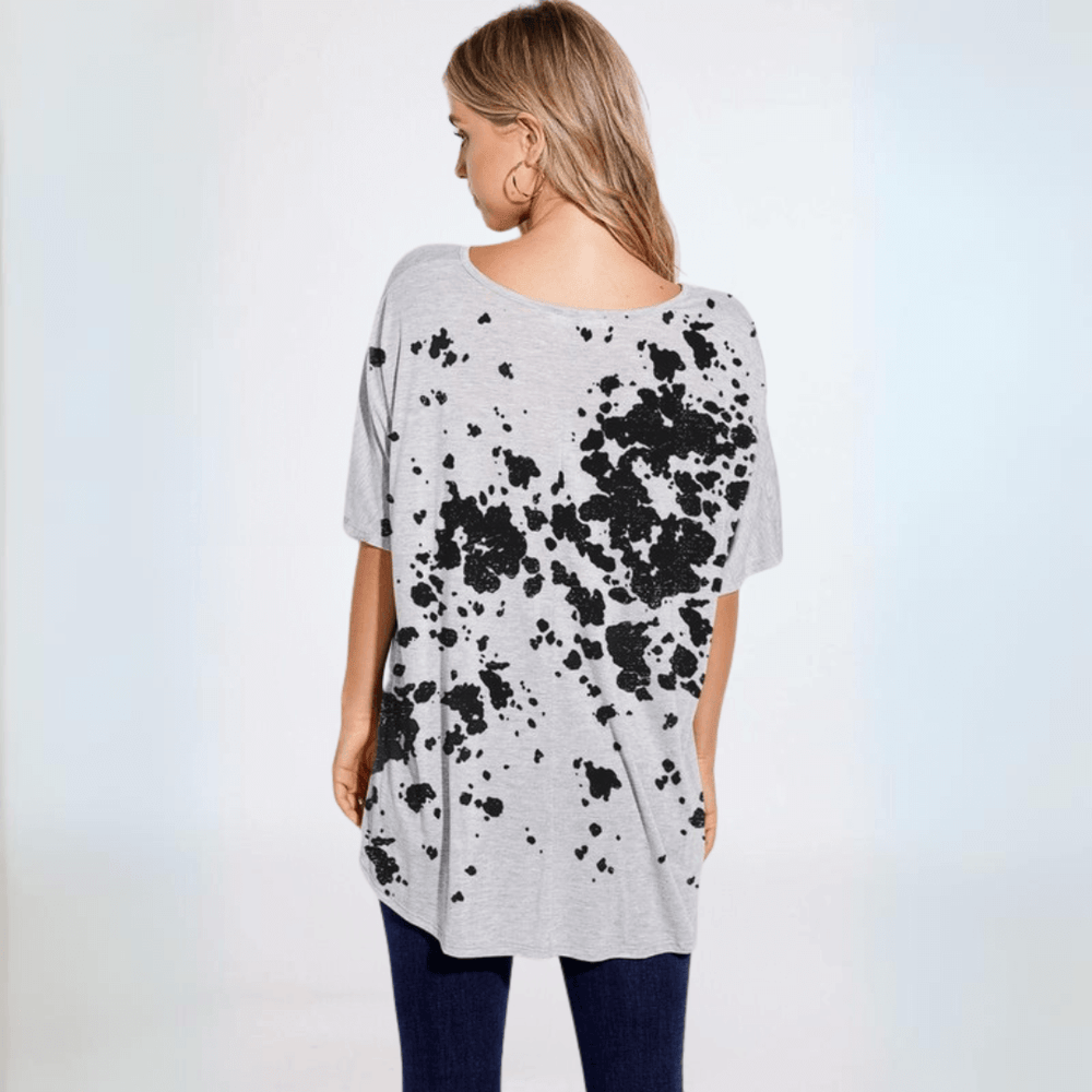 Women's Grey and Black Oversized Ink Splatter Graphic Loose Fit T-Shirt | Made in USA | Classy Cozy Cool Made in America Boutique