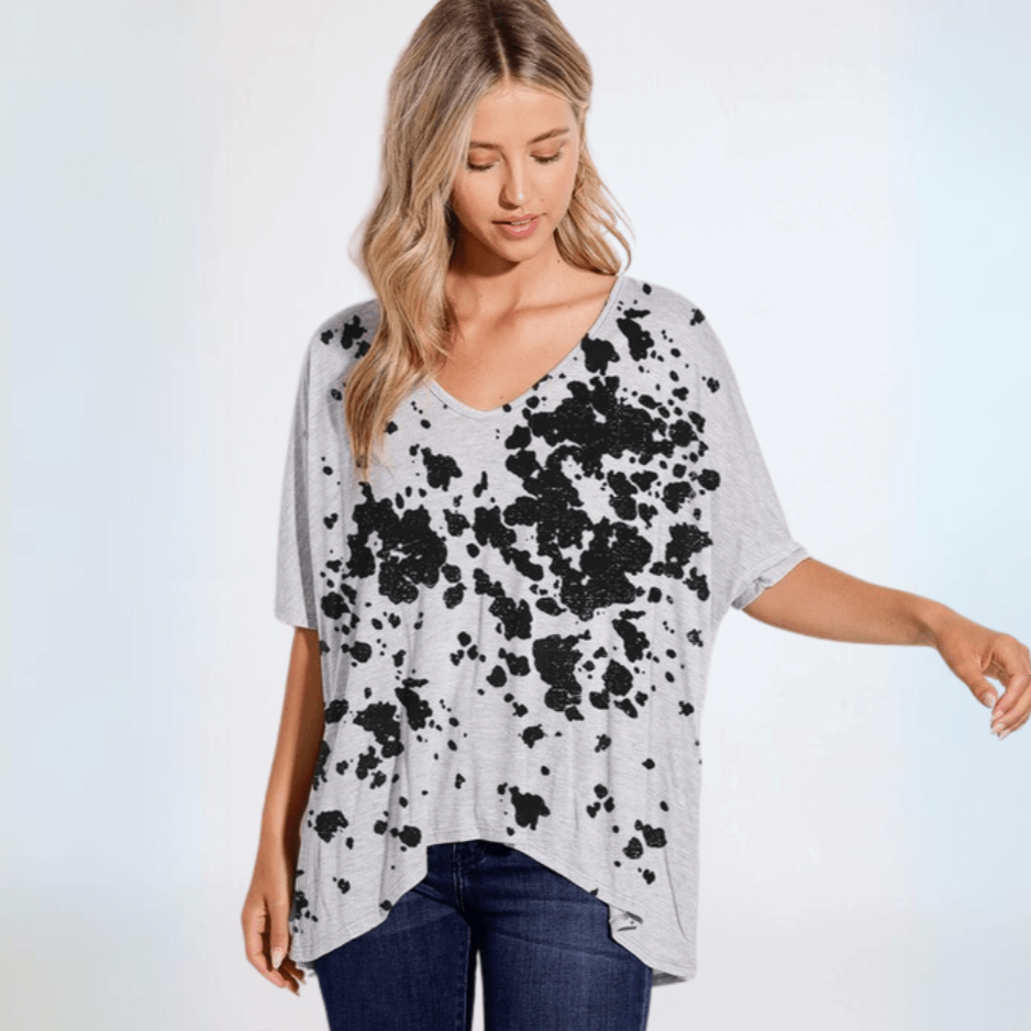 Women's Grey and Black Oversized Ink Splatter Graphic Loose Fit T-Shirt | Made in USA | Classy Cozy Cool Made in America Boutique