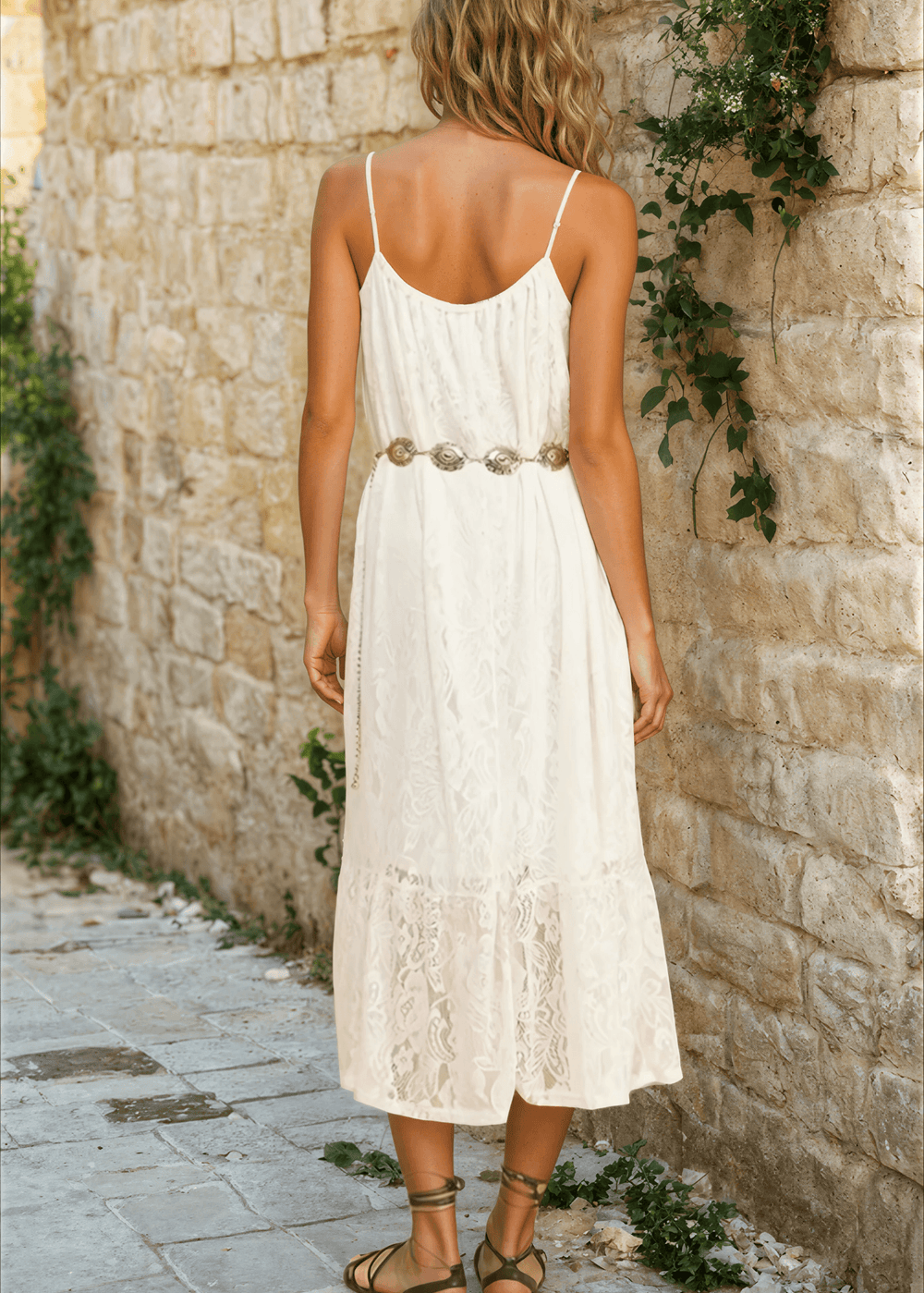 Made in USA Women's Lace Tie Front Midi Dress in Ivory, Lined to Knee,  Lace straps, Tiered with Flounce Ruffle Hem | Classy Cozy Cool Made in America Boutique