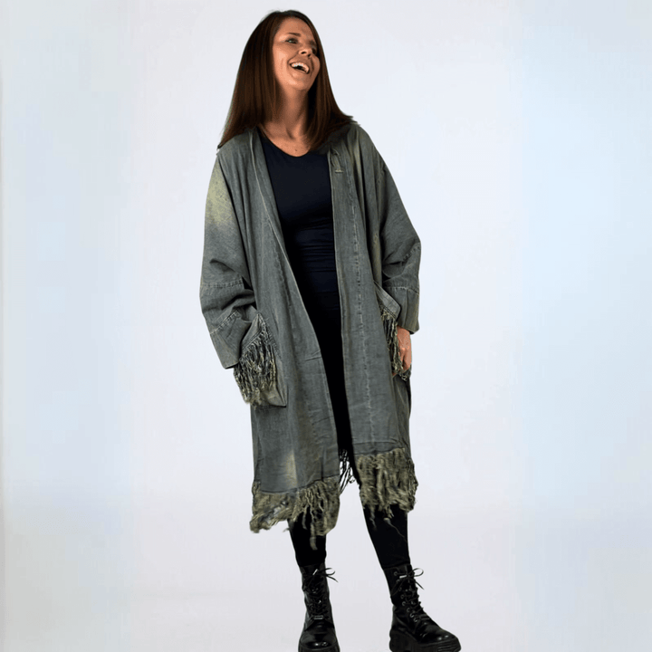 Jaded Gypsy Oversized Denim Open Front Duster Jacket, Distressed for Unique Look, Fringe Hem & Pockets, Large Pockets, Very Oversized & Slouchy, 100% Cotton, Made in USA