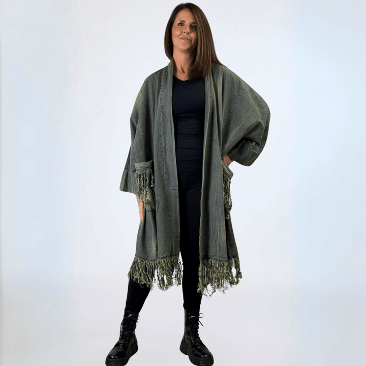 Jaded Gypsy Oversized Denim Open Front Duster Jacket, Distressed for Unique Look, Fringe Hem & Pockets, Large Pockets, Very Oversized & Slouchy, 100% Cotton, Made in USA