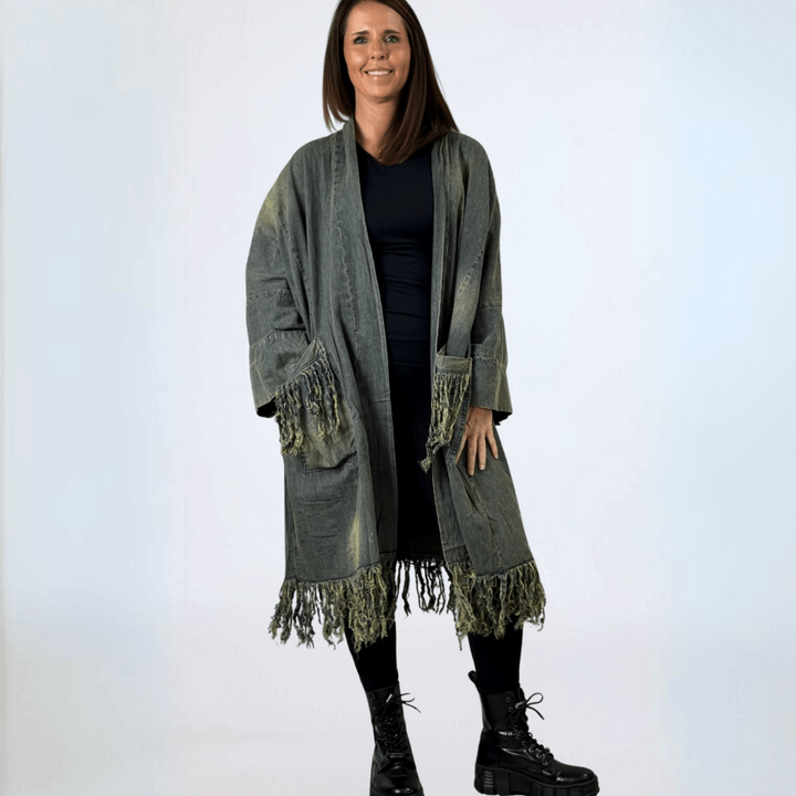 Jaded Gypsy Oversized Denim Open Front Duster Jacket, Distressed for Unique Look, Fringe Hem & Pockets, Large Pockets, Very Oversized & Slouchy, 100% Cotton, Made in USA