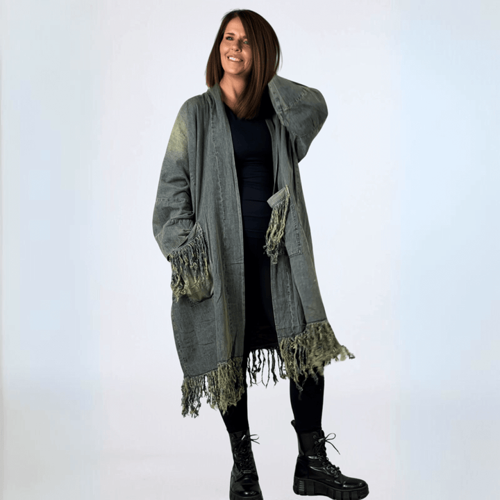 Jaded Gypsy Oversized Denim Open Front Duster Jacket, Distressed for Unique Look, Fringe Hem & Pockets, Large Pockets, Very Oversized & Slouchy, 100% Cotton, Made in USA