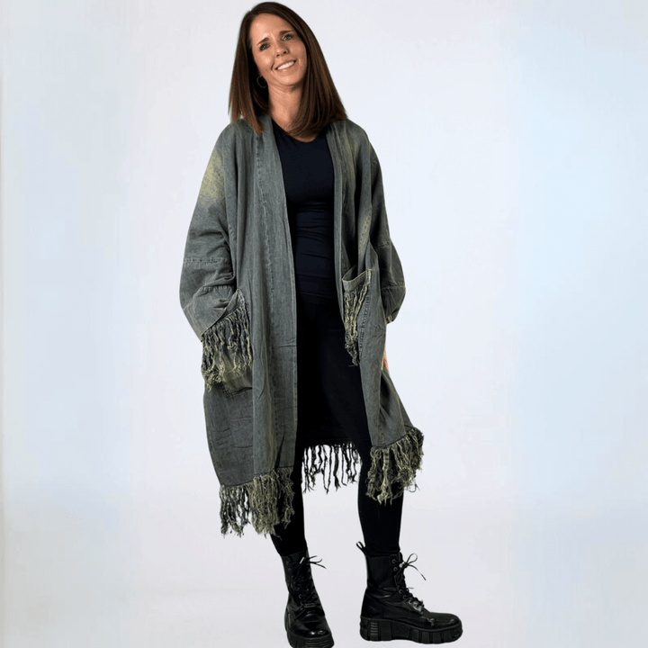 Jaded Gypsy Oversized Denim Open Front Duster Jacket, Distressed for Unique Look, Fringe Hem & Pockets, Large Pockets, Very Oversized & Slouchy, 100% Cotton, Made in USA