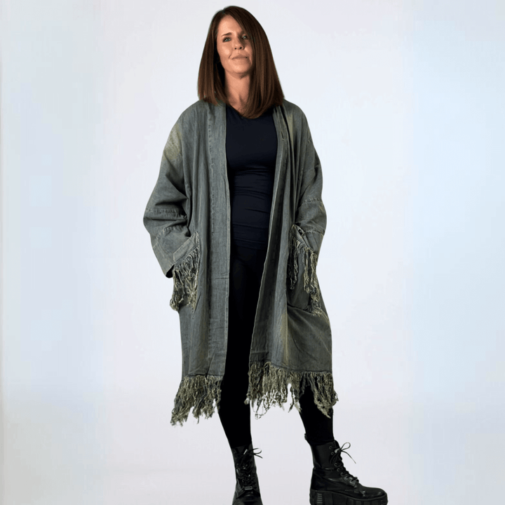 Jaded Gypsy Oversized Denim Open Front Duster Jacket, Distressed for Unique Look, Fringe Hem & Pockets, Large Pockets, Very Oversized & Slouchy, 100% Cotton, Made in USA