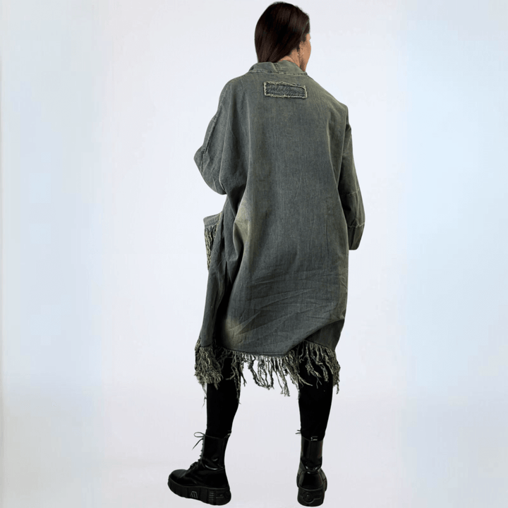 Jaded Gypsy Oversized Denim Open Front Duster Jacket, Distressed for Unique Look, Fringe Hem & Pockets, Large Pockets, Very Oversized & Slouchy, 100% Cotton, Made in USA