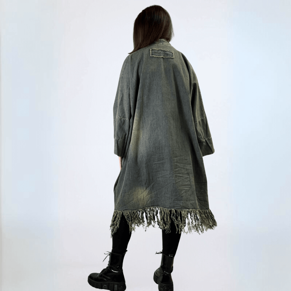 Jaded Gypsy Oversized Denim Open Front Duster Jacket, Distressed for Unique Look, Fringe Hem & Pockets, Large Pockets, Very Oversized & Slouchy, 100% Cotton, Made in USA