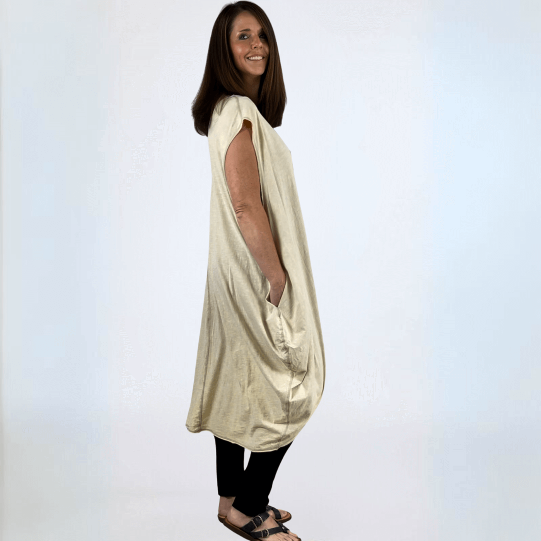 Made in USA Boho Chic Women's Cotton Cinch Tie Pullover Tunic, V-Neck , Side Pockets Color: Cream/Natural | Classy Cozy Cool Made in America Boutique