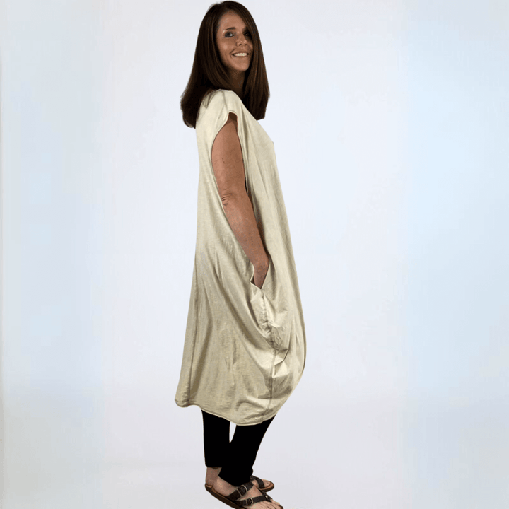 Made in USA Boho Chic Women's Cotton Cinch Tie Pullover Tunic, V-Neck , Side Pockets Color: Cream/Natural | Classy Cozy Cool Made in America Boutique