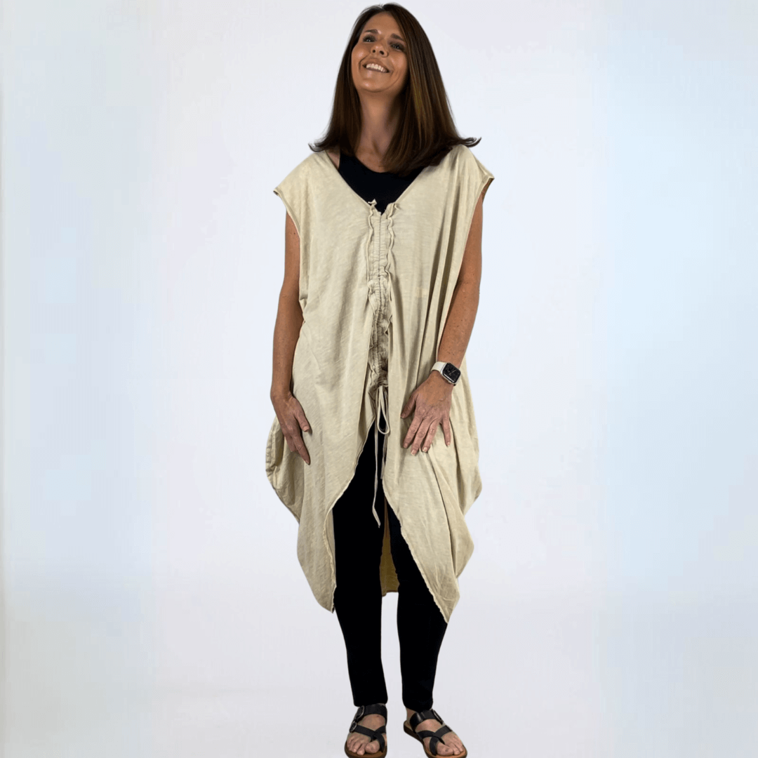 Made in USA Boho Chic Women's Cotton Cinch Tie Pullover Tunic, V-Neck , Side Pockets Color: Cream/Natural | Classy Cozy Cool Made in America Boutique