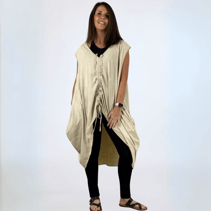 Made in USA Boho Chic Women's Cotton Cinch Tie Pullover Tunic, V-Neck , Side Pockets Color: Cream/Natural | Classy Cozy Cool Made in America Boutique