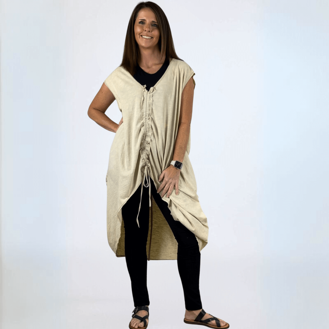 Made in USA Boho Chic Women's Cotton Cinch Tie Pullover Tunic, V-Neck , Side Pockets Color: Cream/Natural | Classy Cozy Cool Made in America Boutique