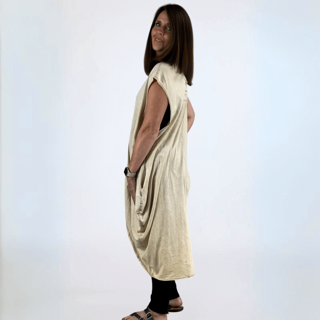 Made in USA Boho Chic Women's Cotton Cinch Tie Pullover Tunic, V-Neck , Side Pockets Color: Cream/Natural | Classy Cozy Cool Made in America Boutique