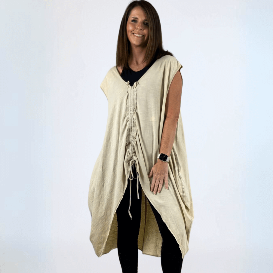 Made in USA Boho Chic Women's Cotton Cinch Tie Pullover Tunic, V-Neck , Side Pockets Color: Cream/Natural | Classy Cozy Cool Made in America Boutique