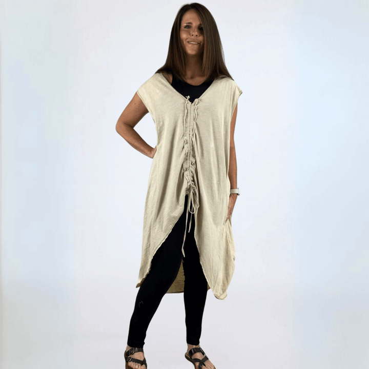 Made in USA Boho Chic Women's Cotton Cinch Tie Pullover Tunic, V-Neck , Side Pockets Color: Cream/Natural | Classy Cozy Cool Made in America Boutique