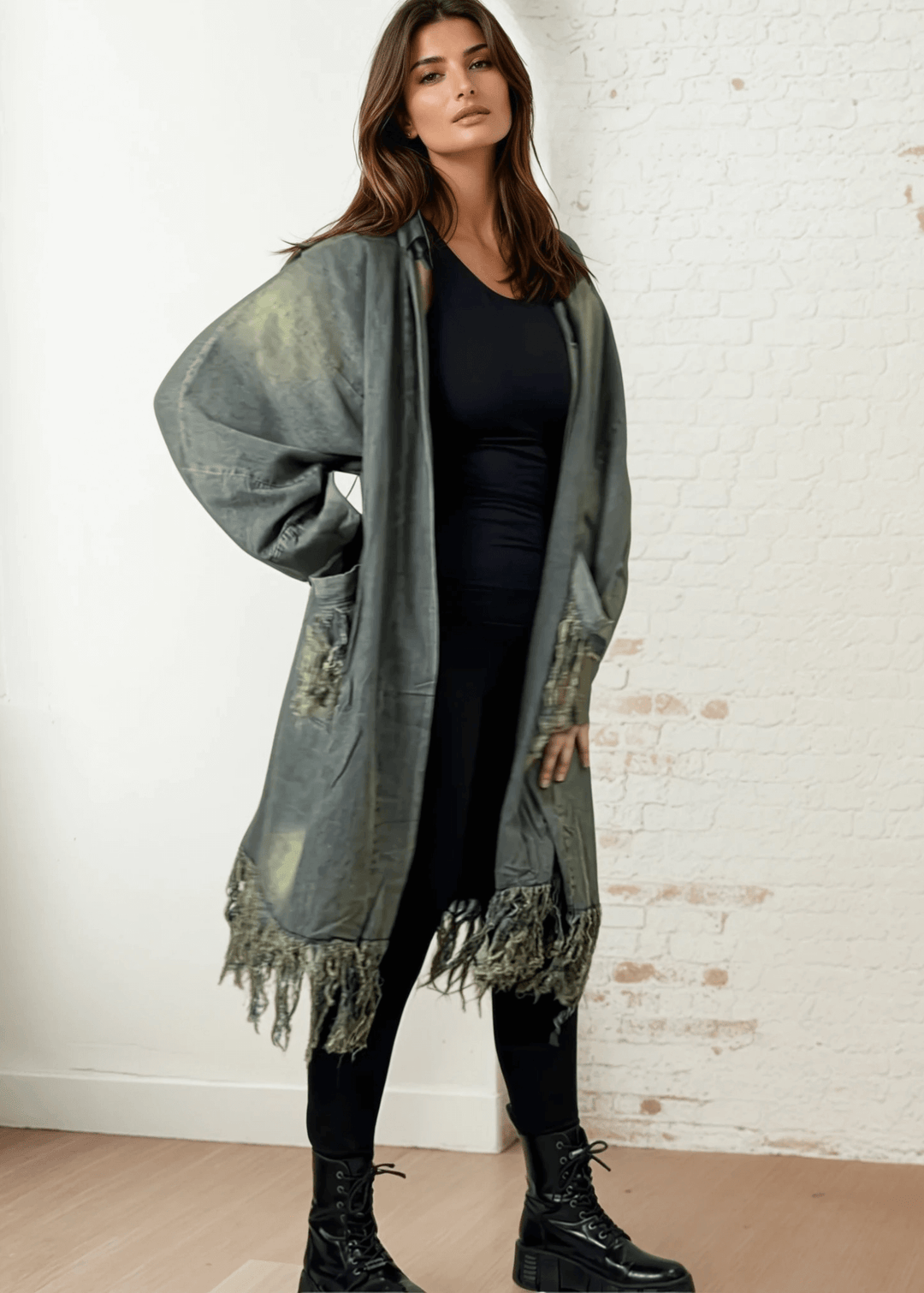 Jaded Gypsy Oversized Denim Open Front Duster Jacket, Distressed for Unique Look, Fringe Hem & Pockets, Large Pockets, Very Oversized & Slouchy, 100% Cotton, Made in USA