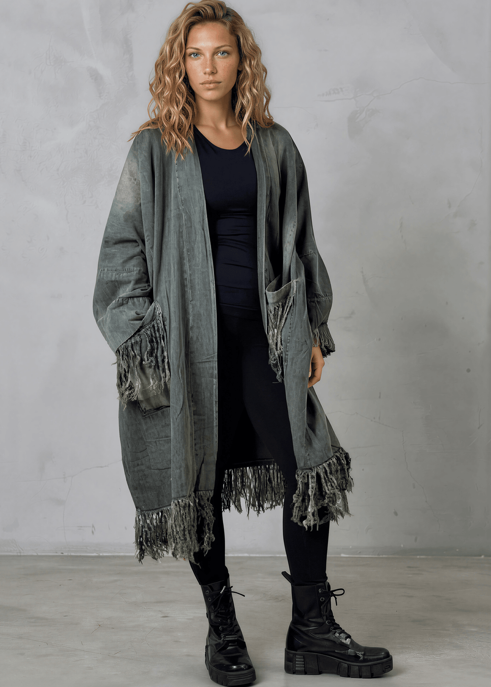 Jaded Gypsy Oversized Denim Open Front Duster Jacket, Distressed for Unique Look, Fringe Hem & Pockets, Large Pockets, Very Oversized & Slouchy, 100% Cotton, Made in USA