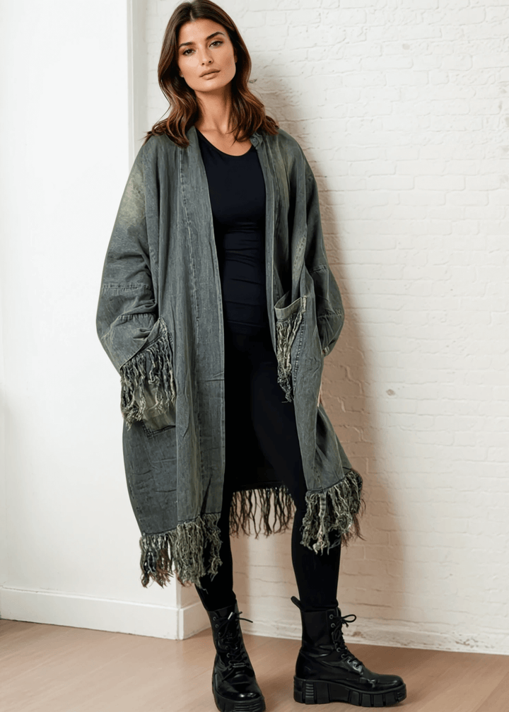 Jaded Gypsy Oversized Denim Open Front Duster Jacket, Distressed for Unique Look, Fringe Hem & Pockets, Large Pockets, Very Oversized & Slouchy, 100% Cotton, Made in USA