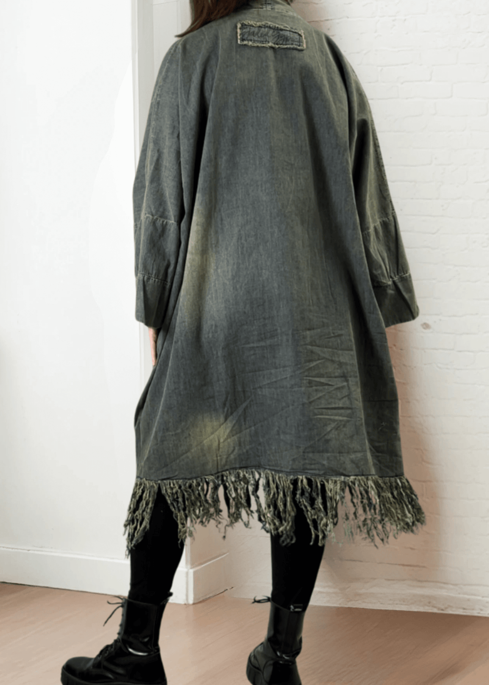 Jaded Gypsy Oversized Denim Open Front Duster Jacket, Distressed for Unique Look, Fringe Hem & Pockets, Large Pockets, Very Oversized & Slouchy, 100% Cotton, Made in USA
