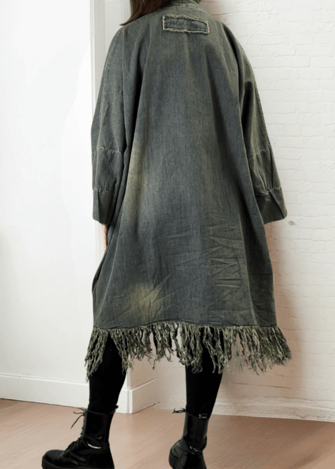 Jaded Gypsy Oversized Denim Open Front Duster Jacket, Distressed for Unique Look, Fringe Hem & Pockets, Large Pockets, Very Oversized & Slouchy, 100% Cotton, Made in USA