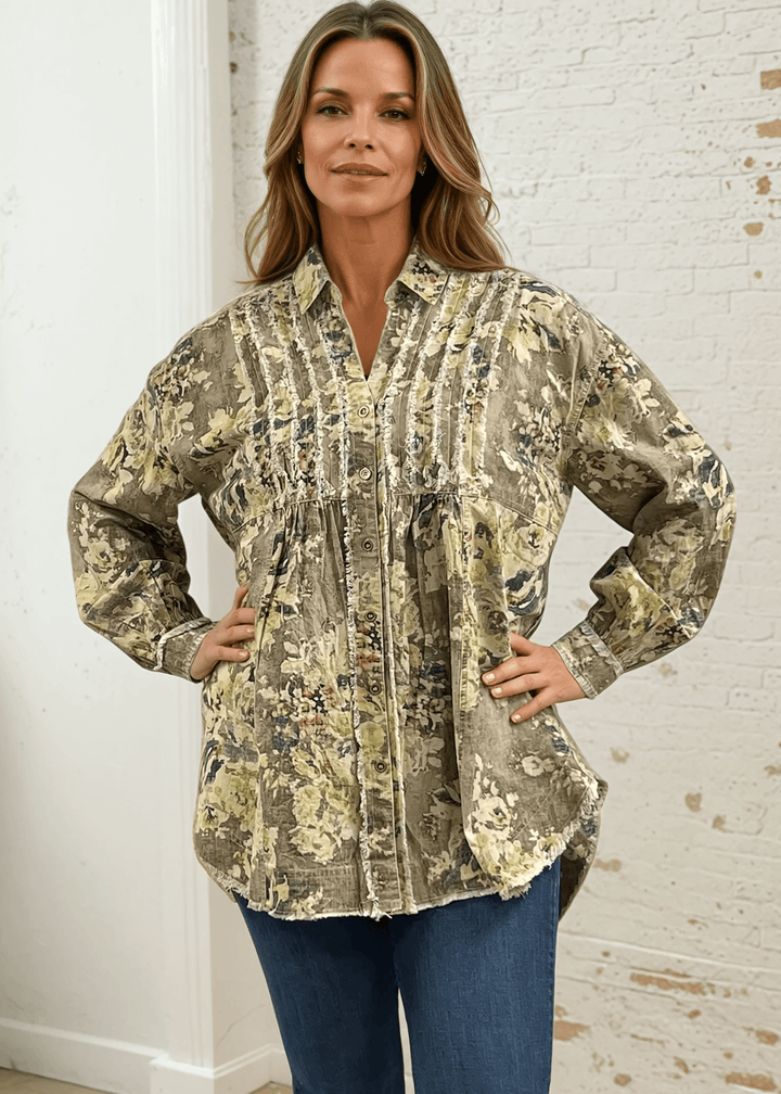 Made in USA Jaded Gypsy Army Green Floral Print Button Down Shacket, Longer Length, Collared, Raw Edge Detail
