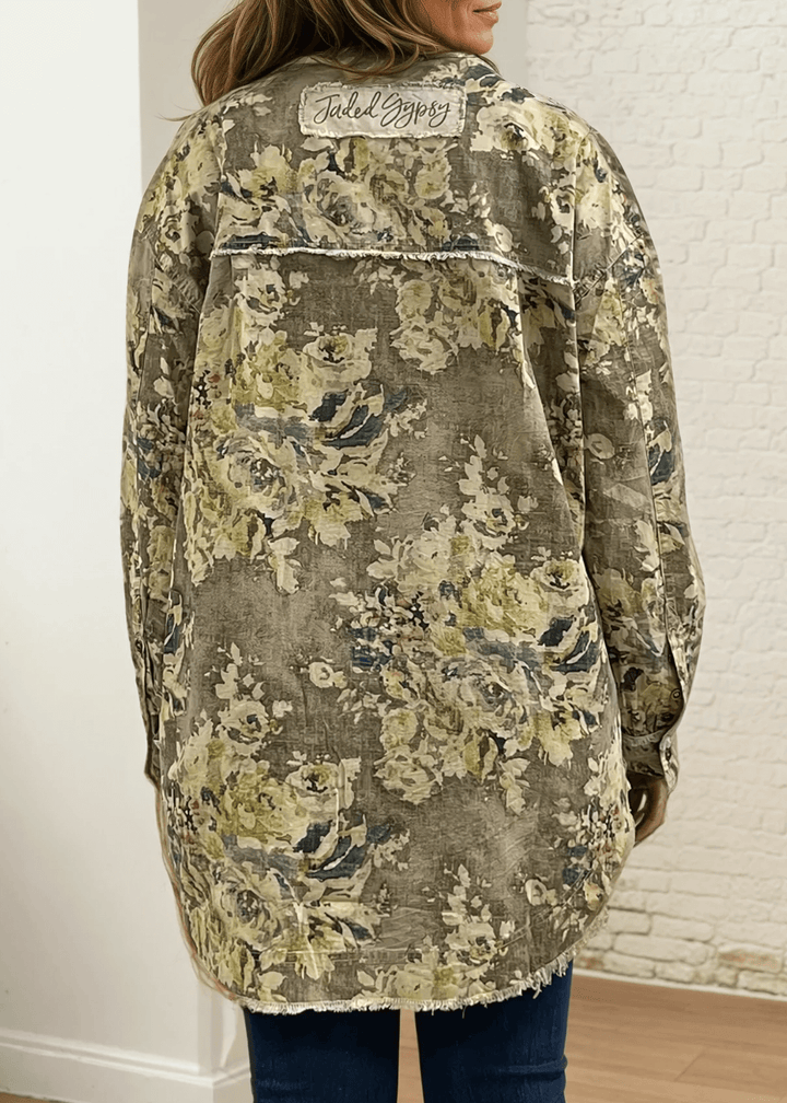 Made in USA Jaded Gypsy Army Green Floral Print Button Down Shacket, Longer Length, Collared, Raw Edge Detail