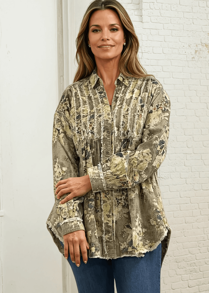 Made in USA Jaded Gypsy Army Green Floral Print Button Down Shacket, Longer Length, Collared, Raw Edge Detail