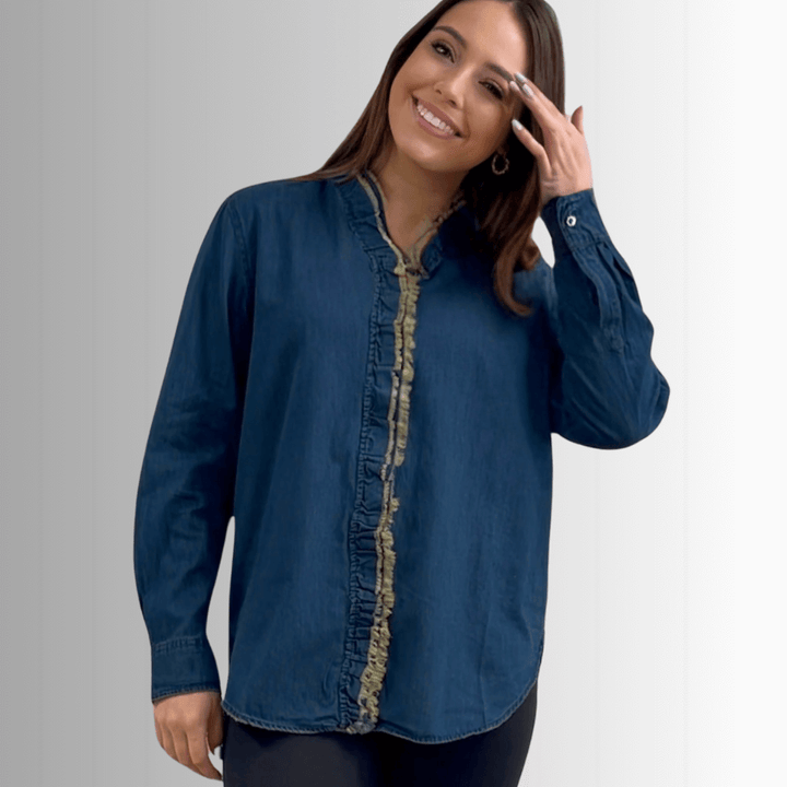 Jaded Gypsy Cutting Edge Button Down Lace Detail Cotton Denim Top With Raw Edge Detail | Made In USA | Made in America Women's Boutique