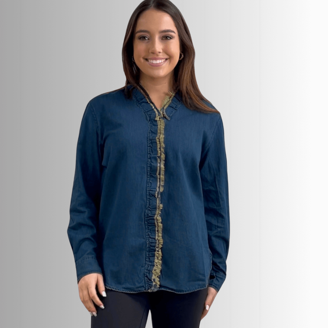 Jaded Gypsy Cutting Edge Button Down Lace Detail Cotton Denim Top With Raw Edge Detail | Made In USA | Made in America Women's Boutique